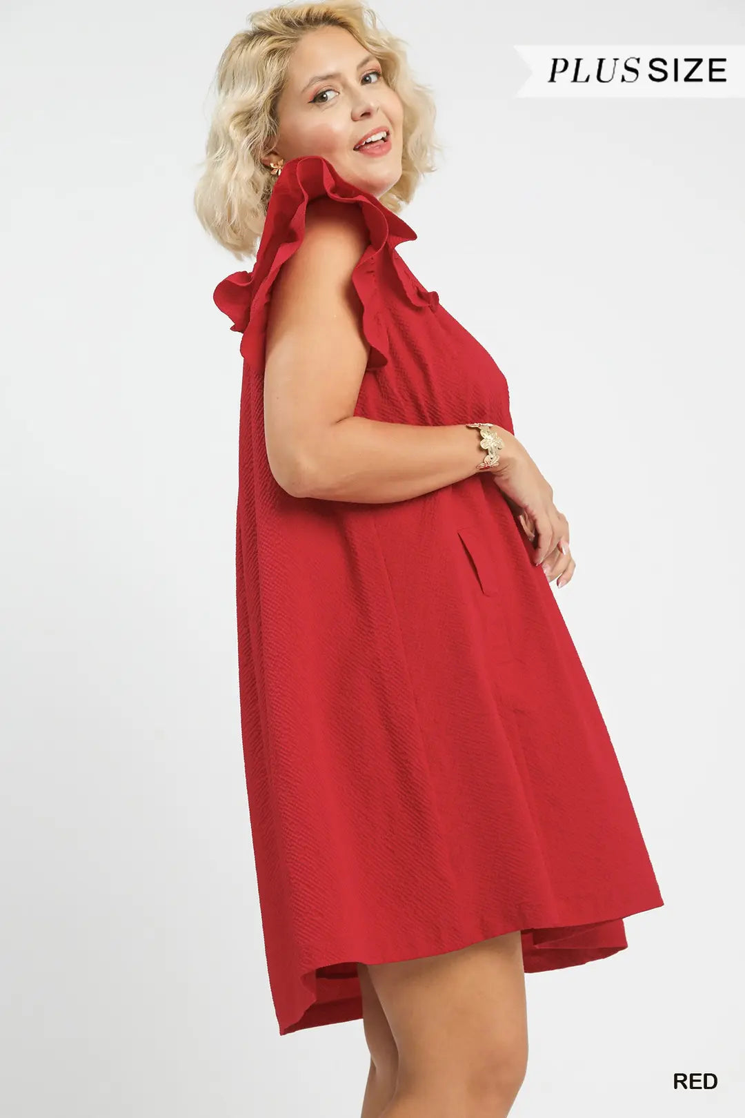 Red Seersucker Ruffle Shift Dress (PLUS)