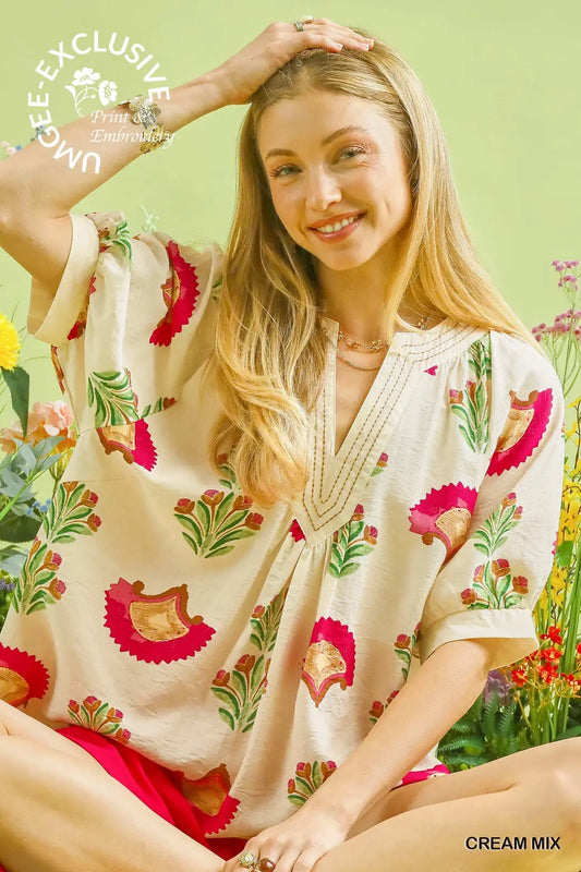 Abstract Fuchsia Flower Blouse