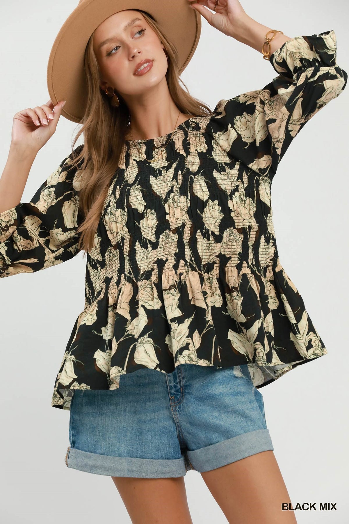 Mix Floral Smocked Yoke Ruffle Sleeve Blouse