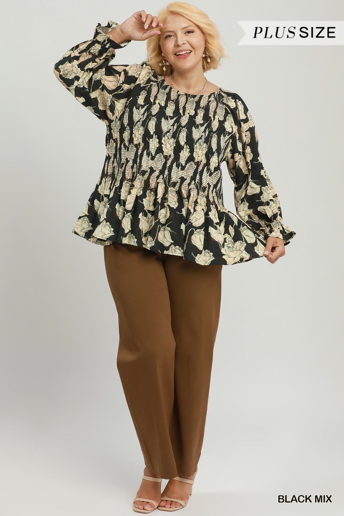 Mix Floral Smocked Yoke Ruffle Sleeve Blouse (PLUS)