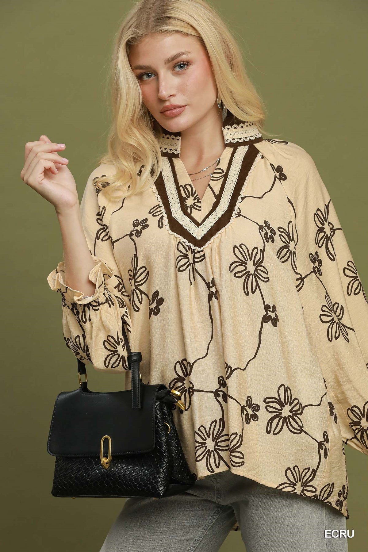 Floral Print Contrast Lace Trim Blouse