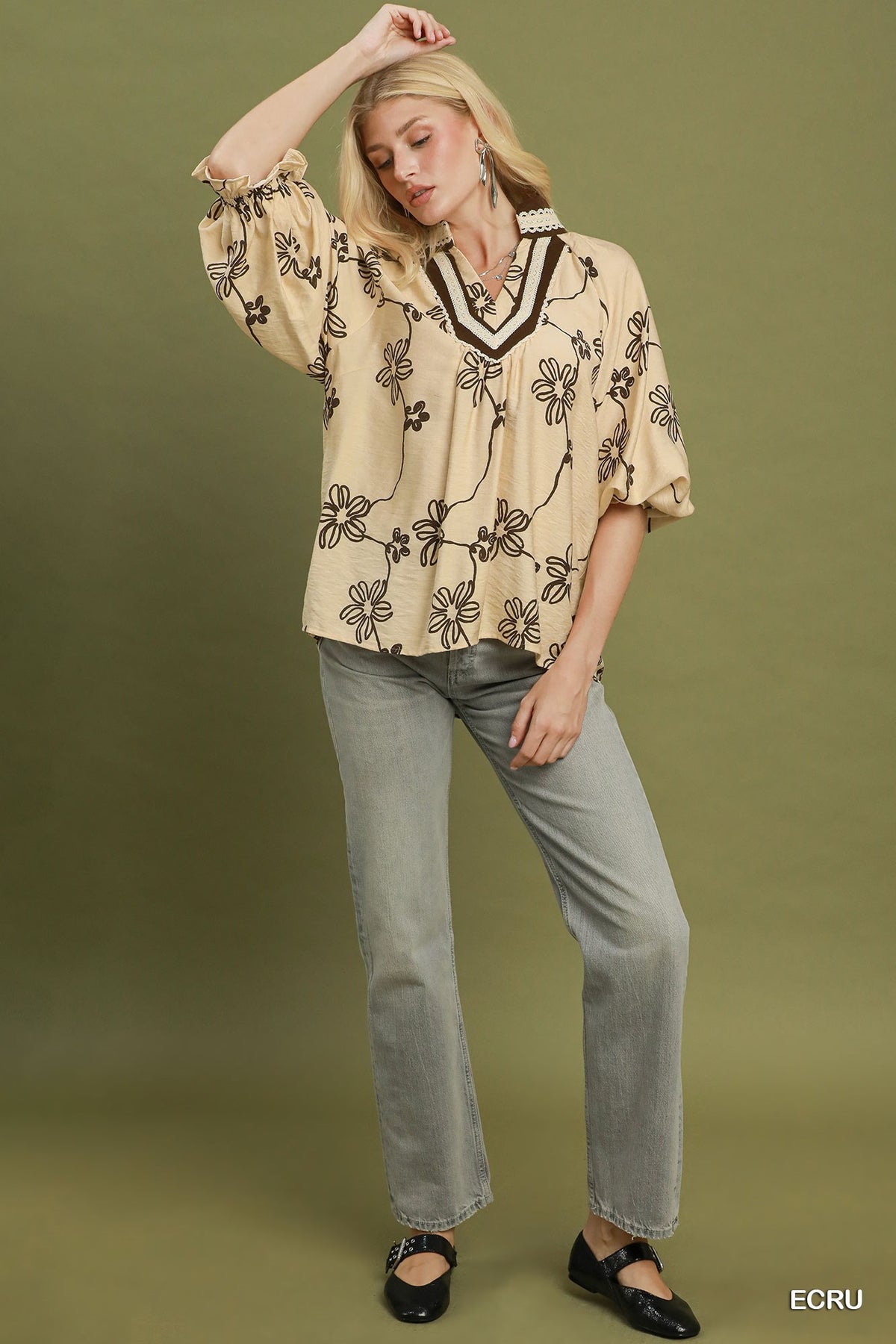 Floral Print Contrast Lace Trim Blouse (PLUS)