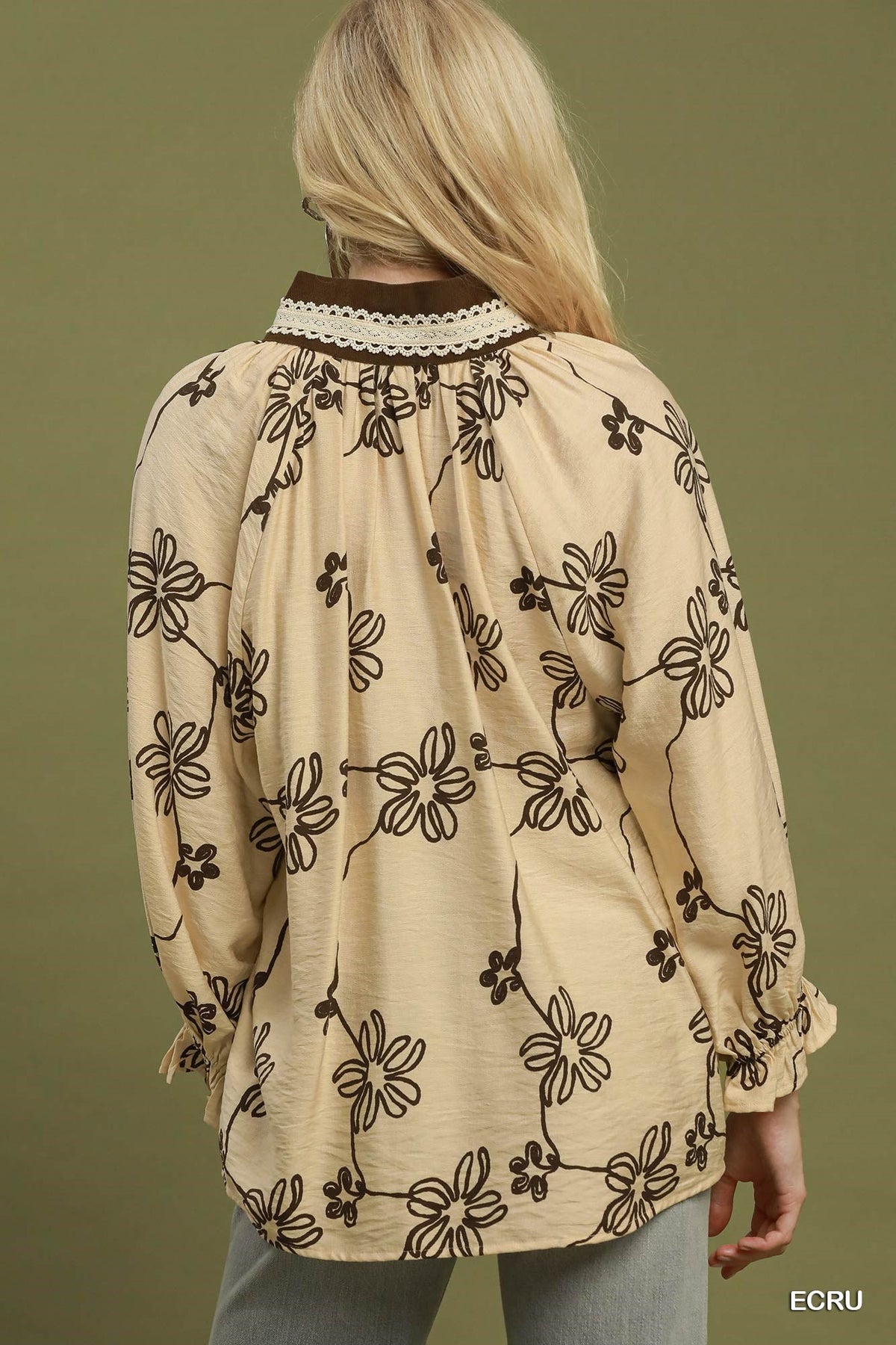 Floral Print Contrast Lace Trim Blouse