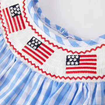 4th of July Flag Embroidery Smocking Girls Romper