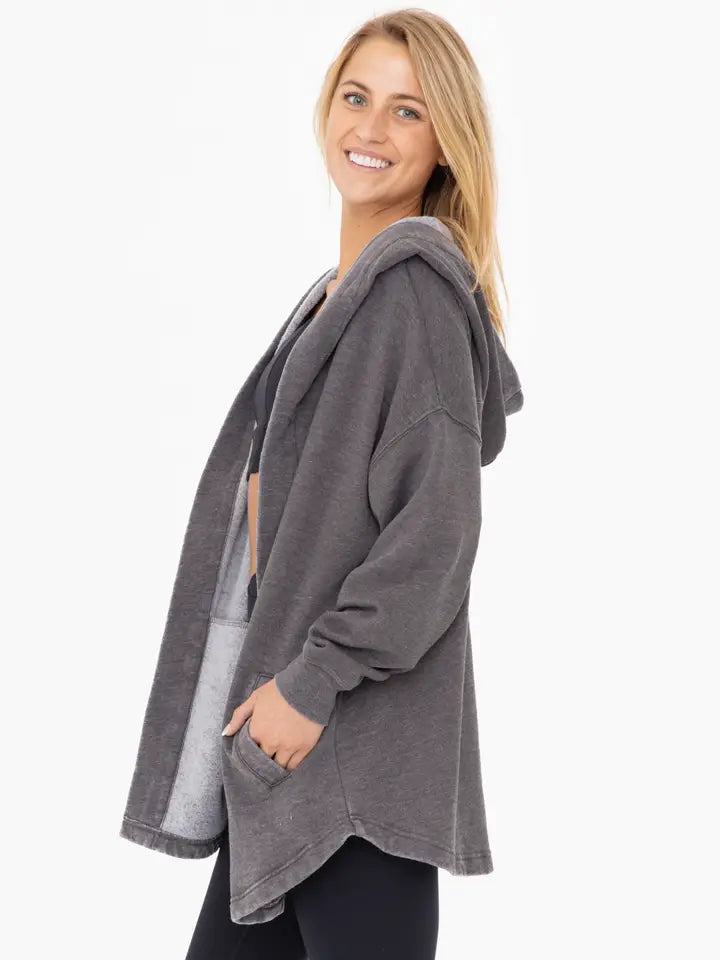Mineral Washed Fleece Hooded Cardigan