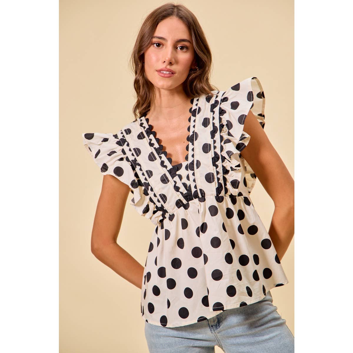 POLKA DOT RUFFLED BABY DOLL BLOUSE TOP