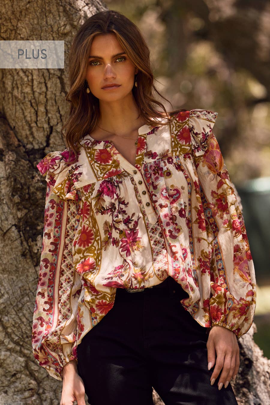 Plus Floral Printed Peasant Blouse