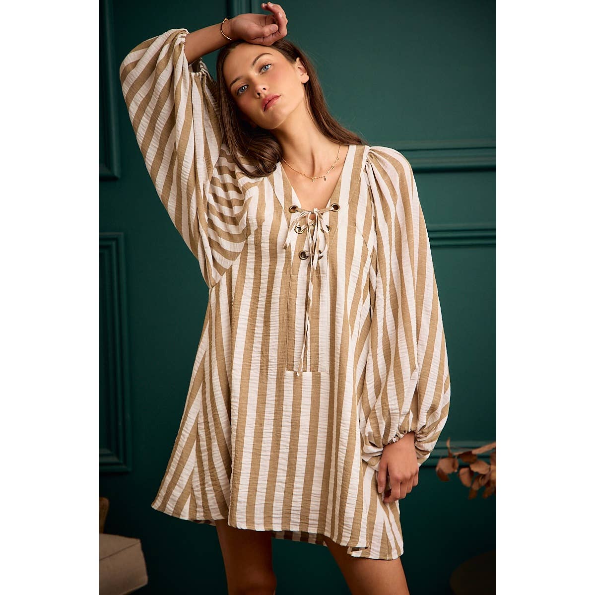STRIPE WOVEN LACE UP DRESS WITH BUBBLE SLEEVES