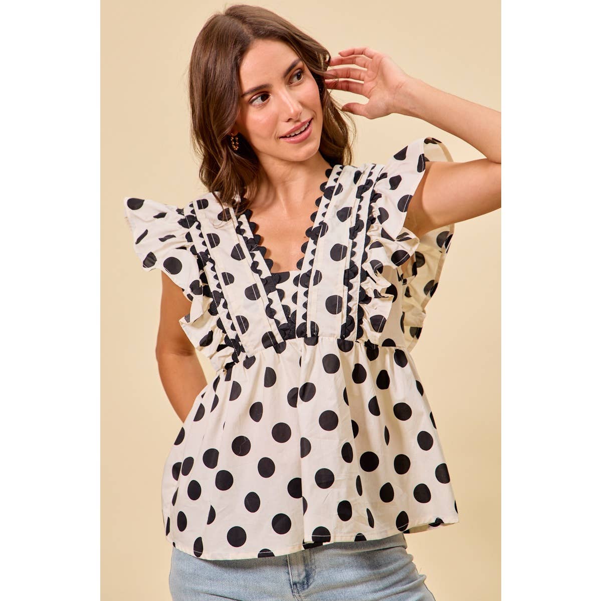 POLKA DOT RUFFLED BABY DOLL BLOUSE TOP
