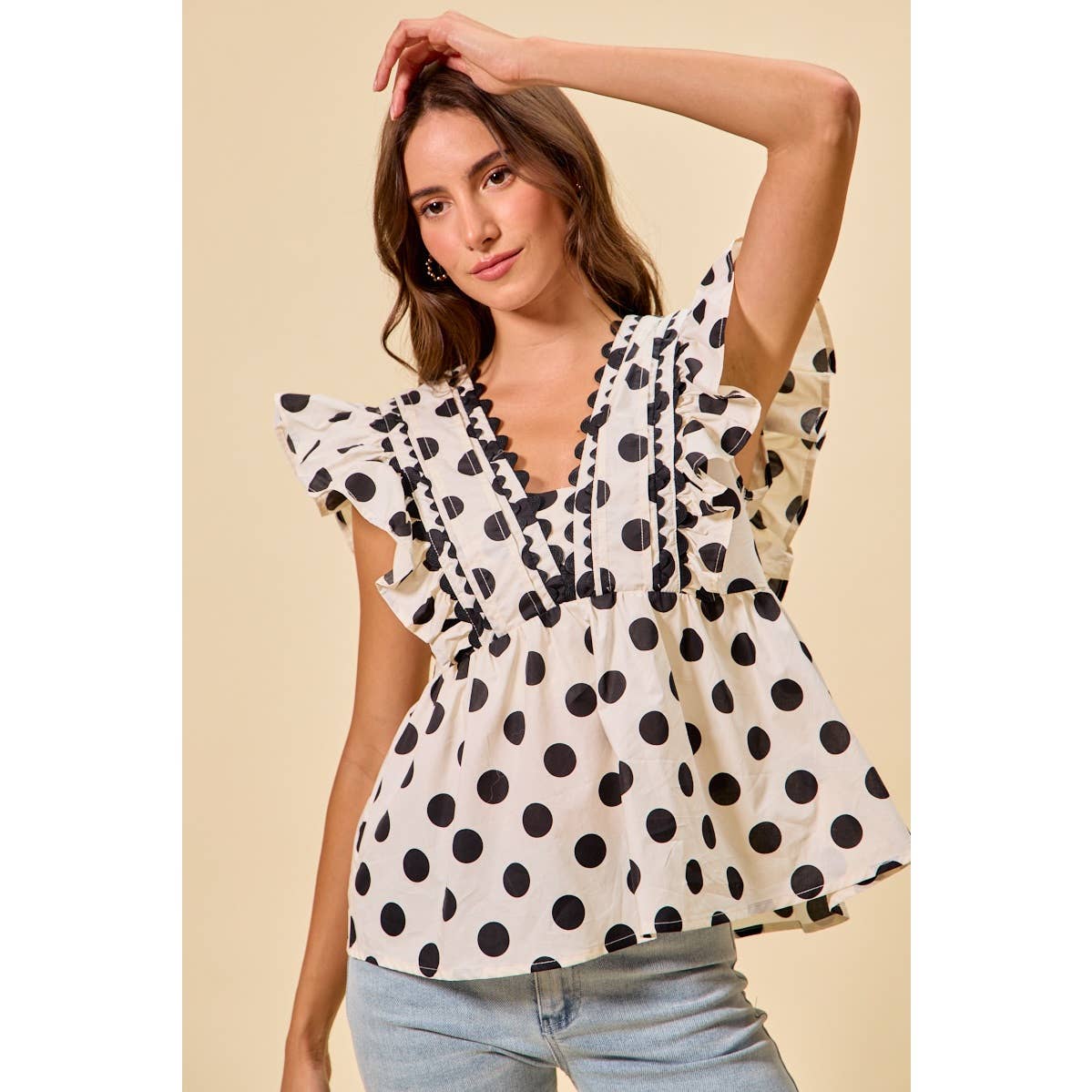 POLKA DOT RUFFLED BABY DOLL BLOUSE TOP