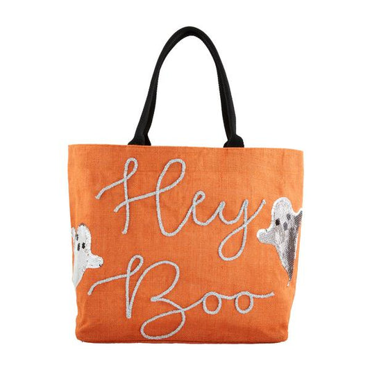 "Hey Boo" Burlap Tote Bag