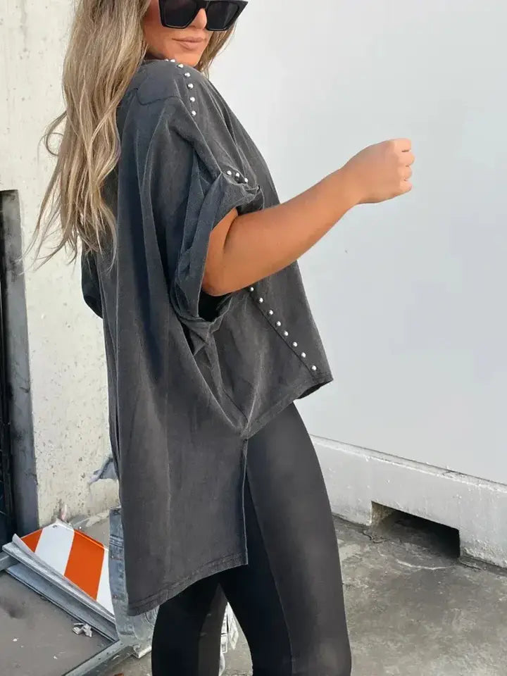 Casual Roll up Studded Sleeve Top