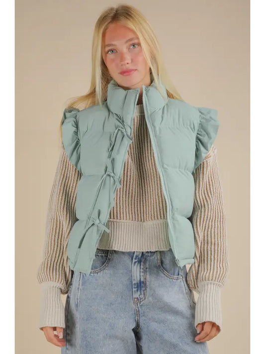 Front Bow Ruffle Sleeve Puffer Vest