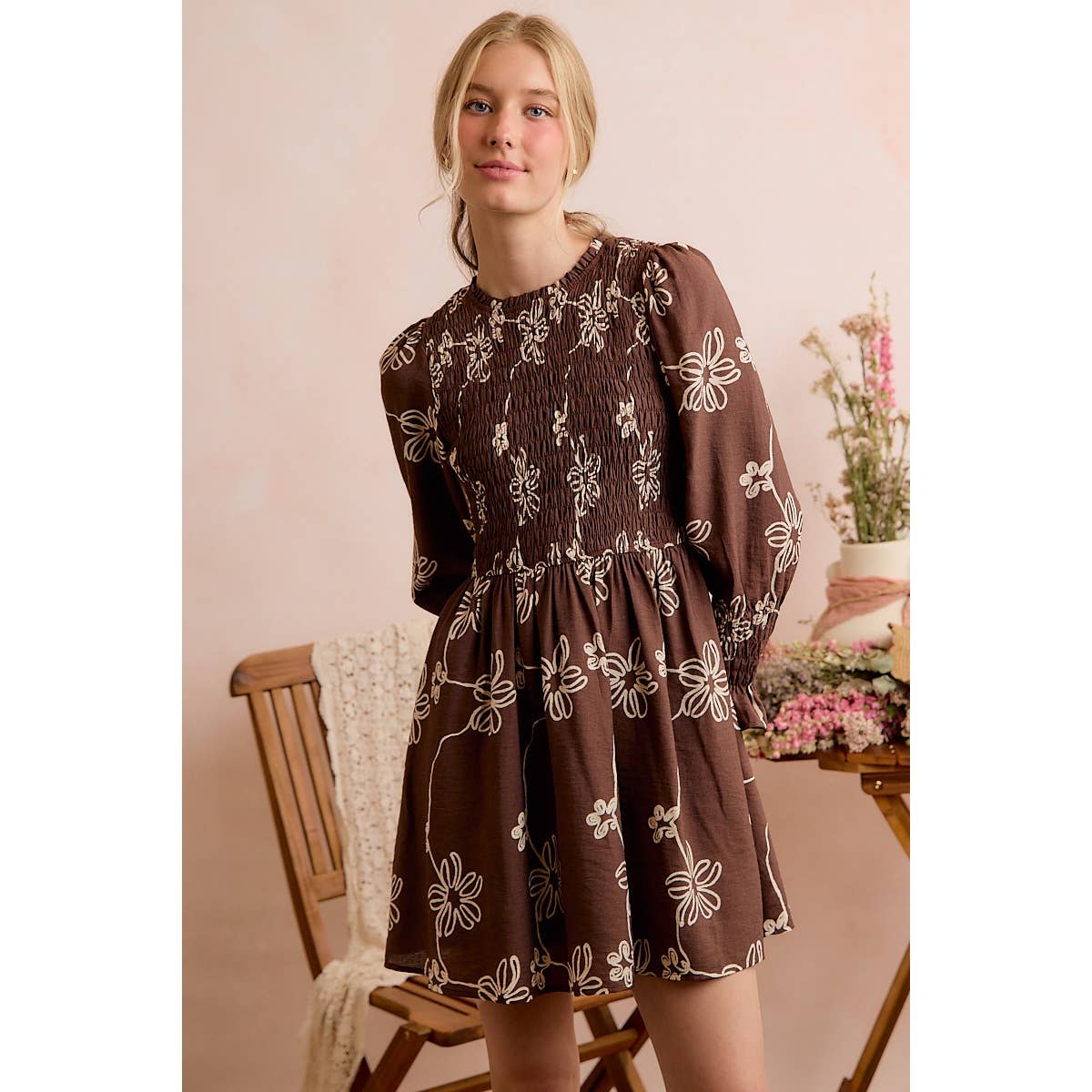 FLORAL SMOCKED BODICE LONG SLEEVES MINI DRESS