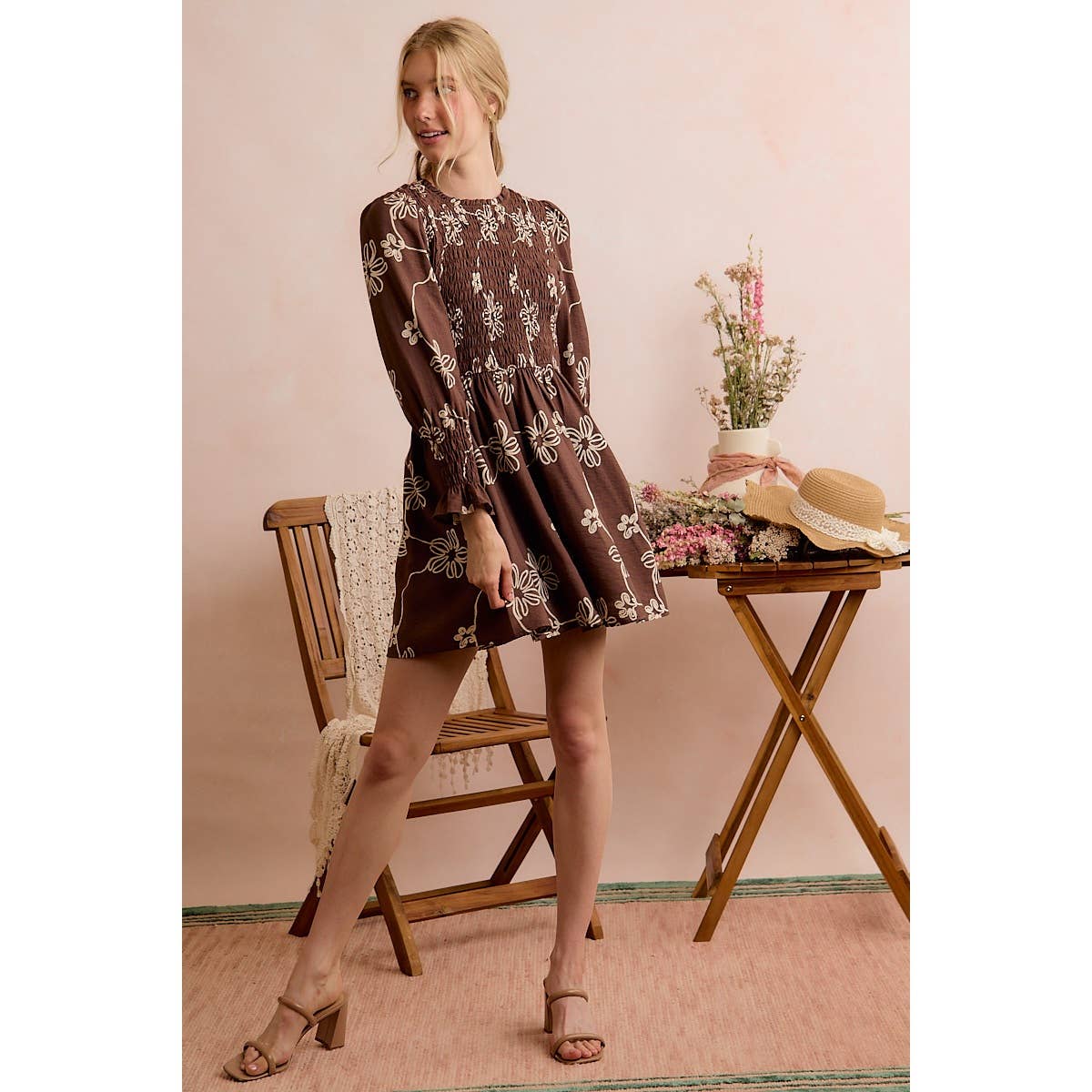 FLORAL SMOCKED BODICE LONG SLEEVES MINI DRESS