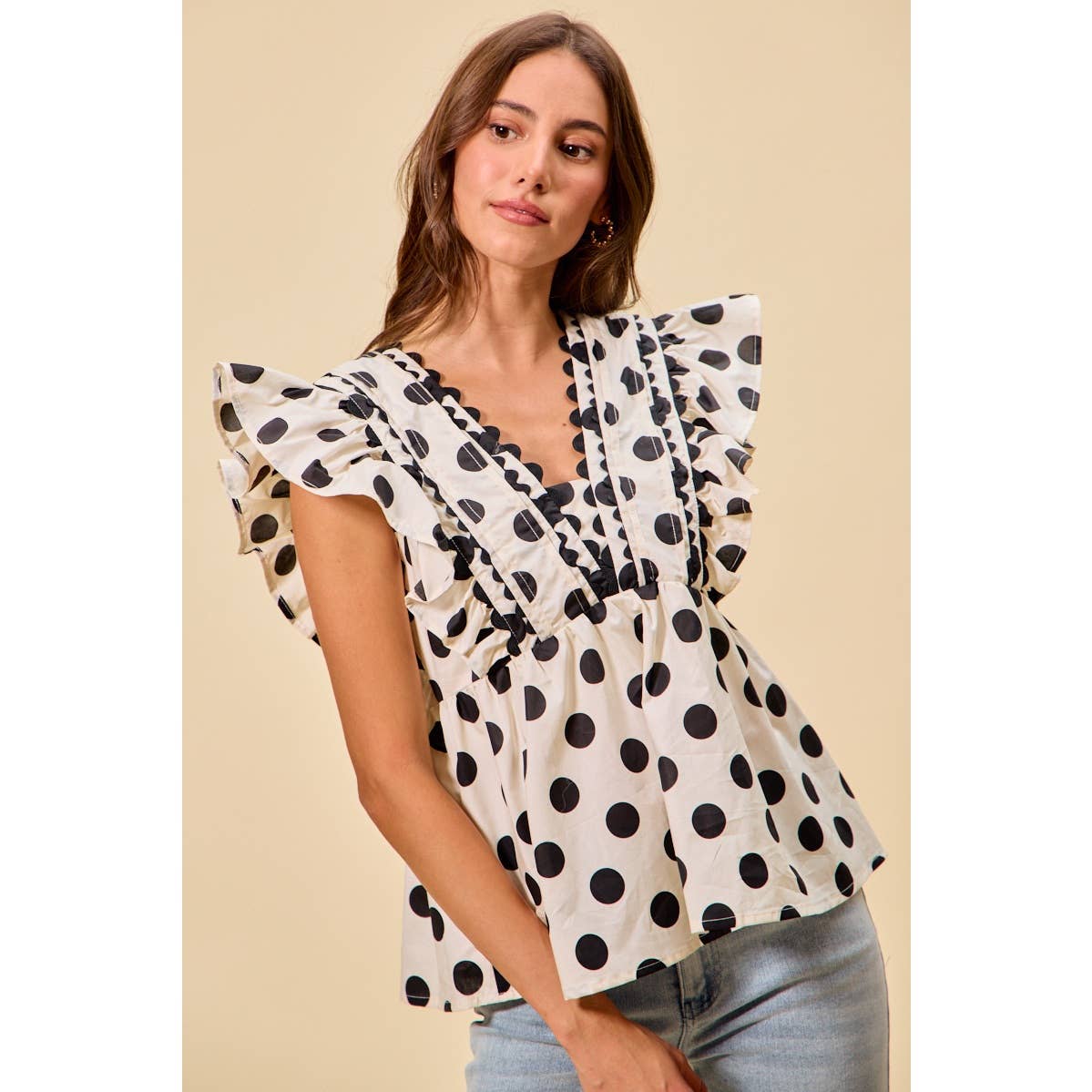 POLKA DOT RUFFLED BABY DOLL BLOUSE TOP