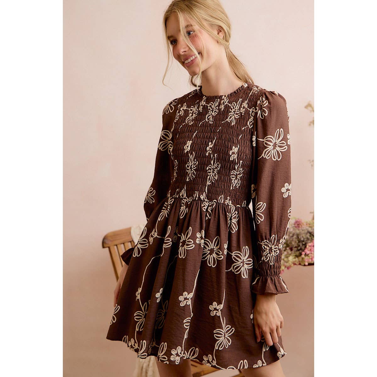 FLORAL SMOCKED BODICE LONG SLEEVES MINI DRESS