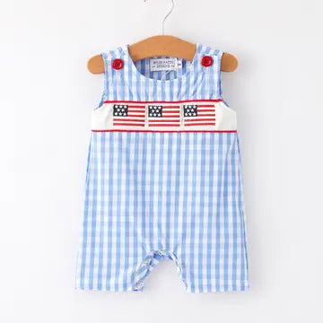 4th of July Flag Embroidery Smocking Boys Romper