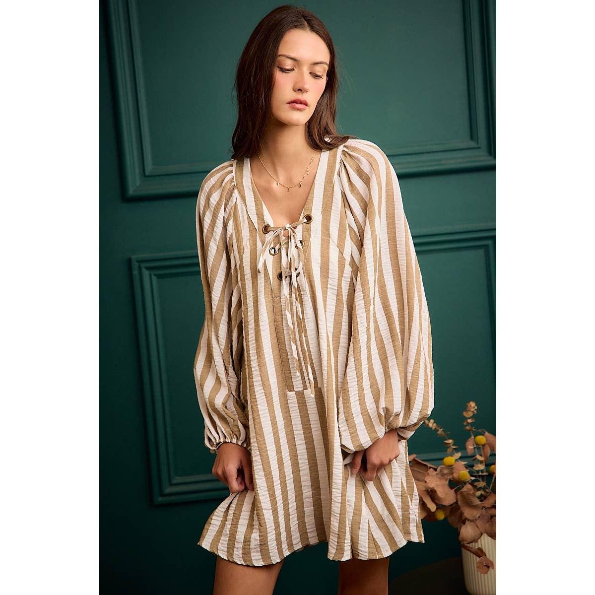 STRIPE WOVEN LACE UP DRESS WITH BUBBLE SLEEVES