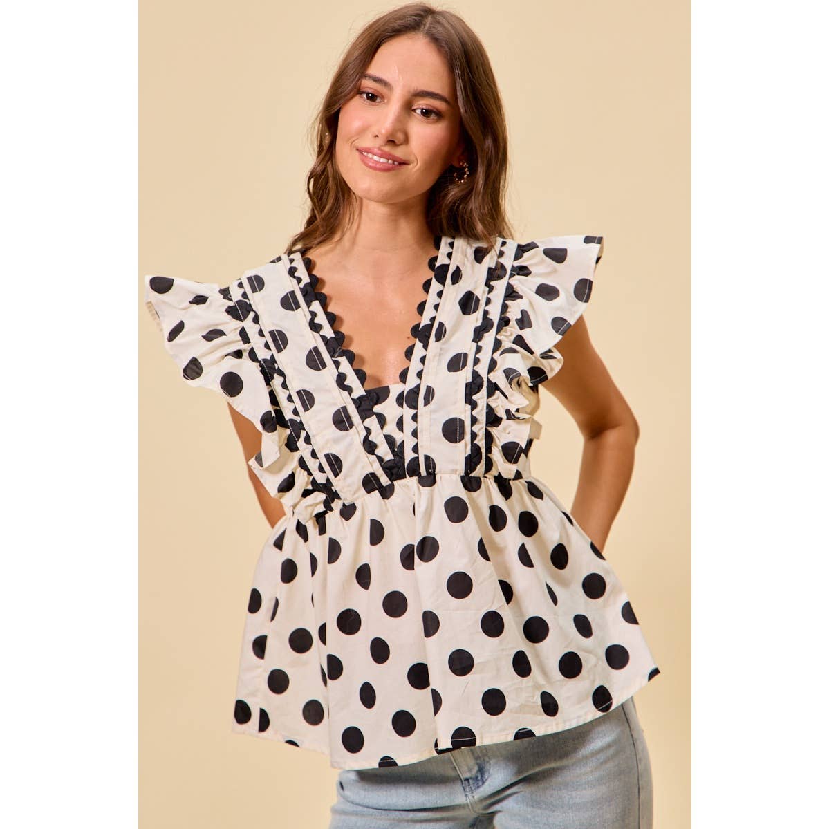 POLKA DOT RUFFLED BABY DOLL BLOUSE TOP