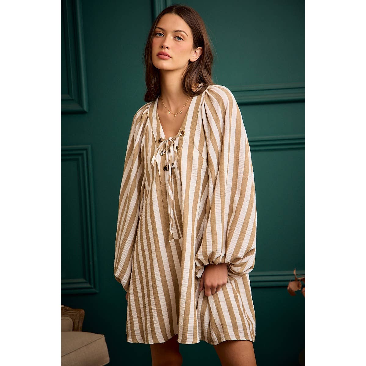 STRIPE WOVEN LACE UP DRESS WITH BUBBLE SLEEVES