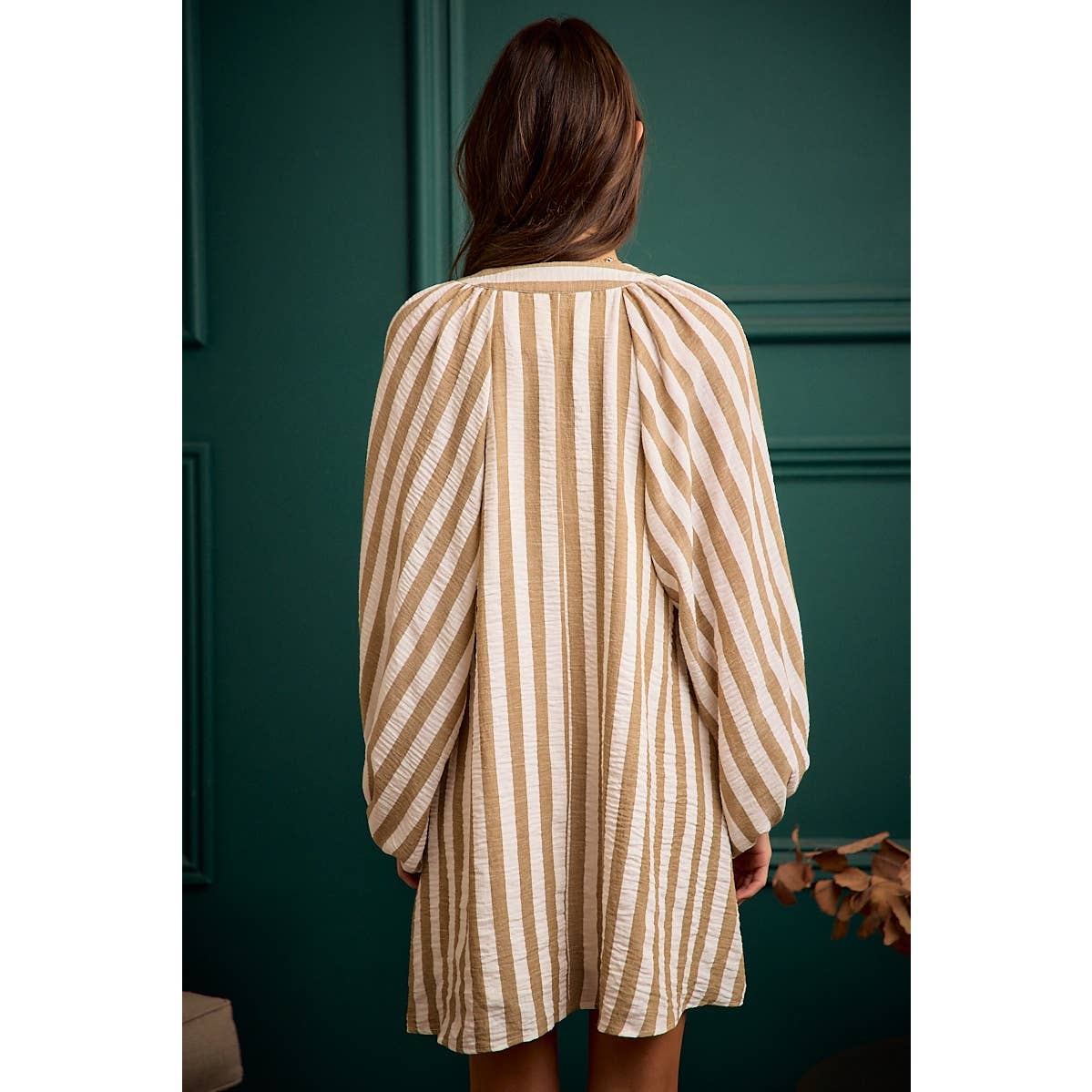STRIPE WOVEN LACE UP DRESS WITH BUBBLE SLEEVES