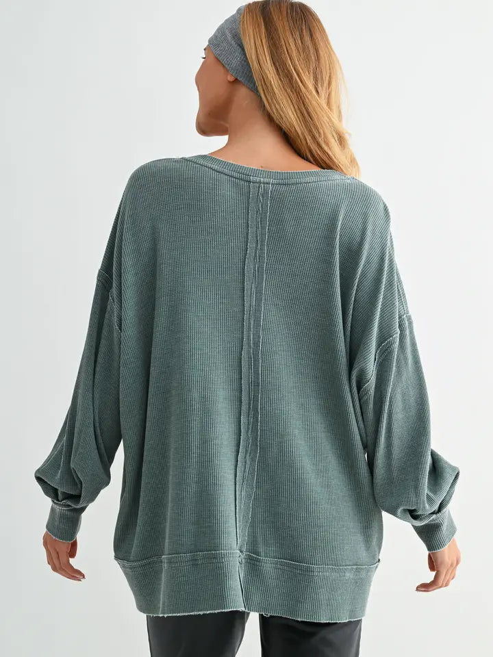 Cotton Blend Waffle Knit Oversized Long Sleeve