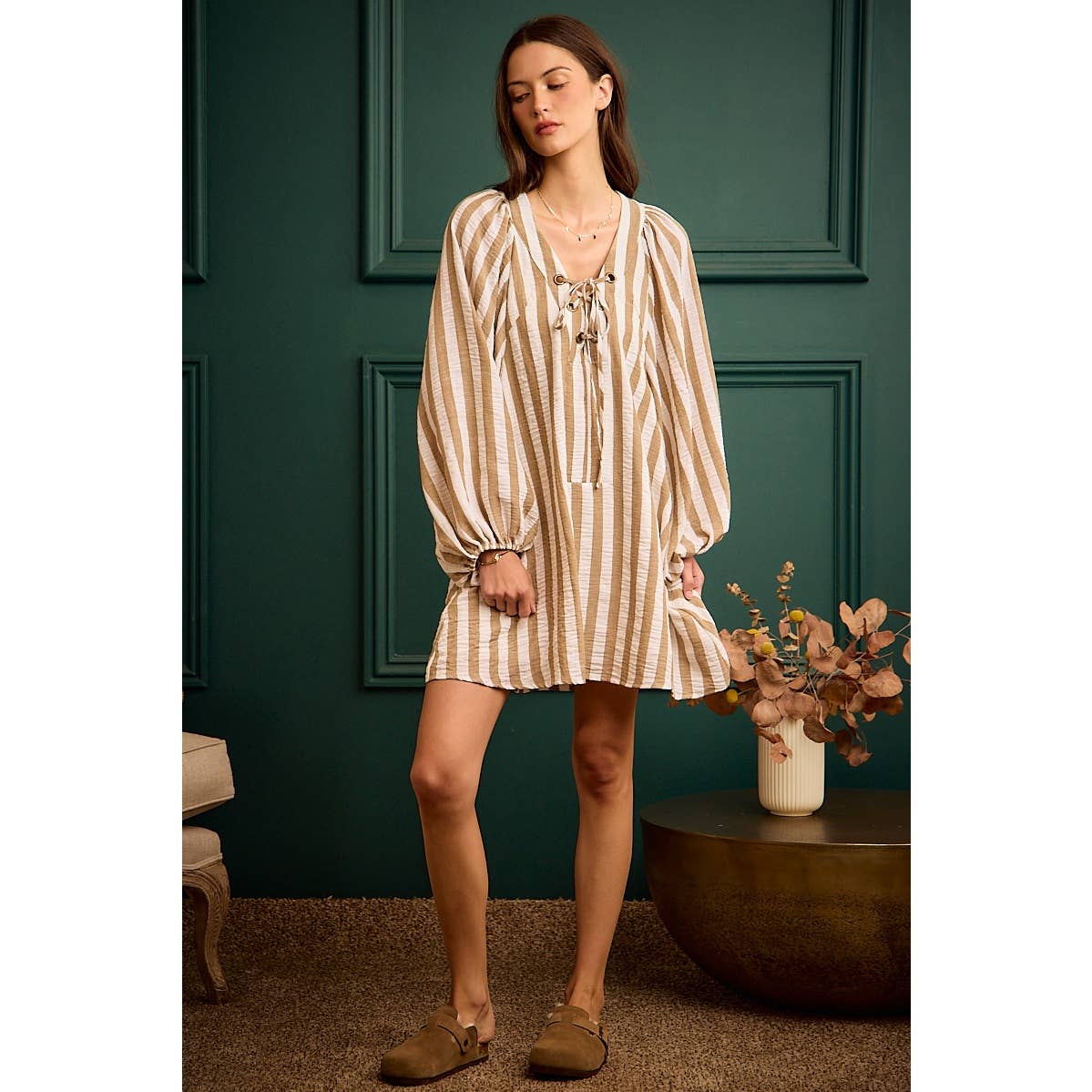 STRIPE WOVEN LACE UP DRESS WITH BUBBLE SLEEVES