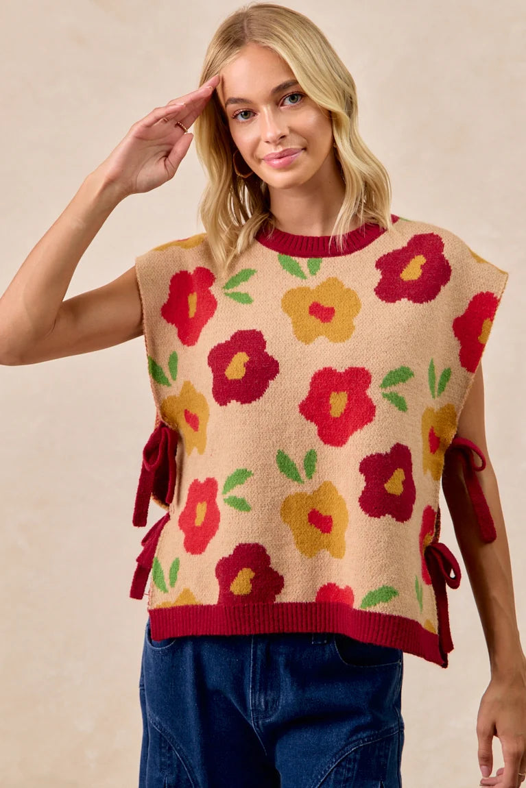 FLORAL PATTERN SIDE TIED SWEATER VES