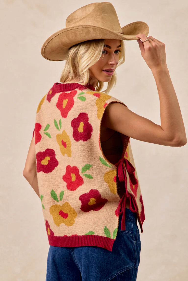 FLORAL PATTERN SIDE TIED SWEATER VES