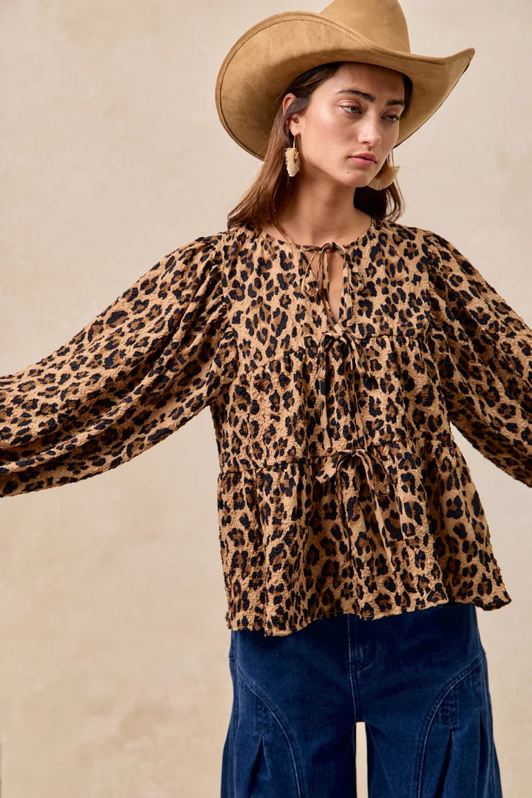 LEOPARD PRINTED BOW TIED TOP WITH V NECK DROP
