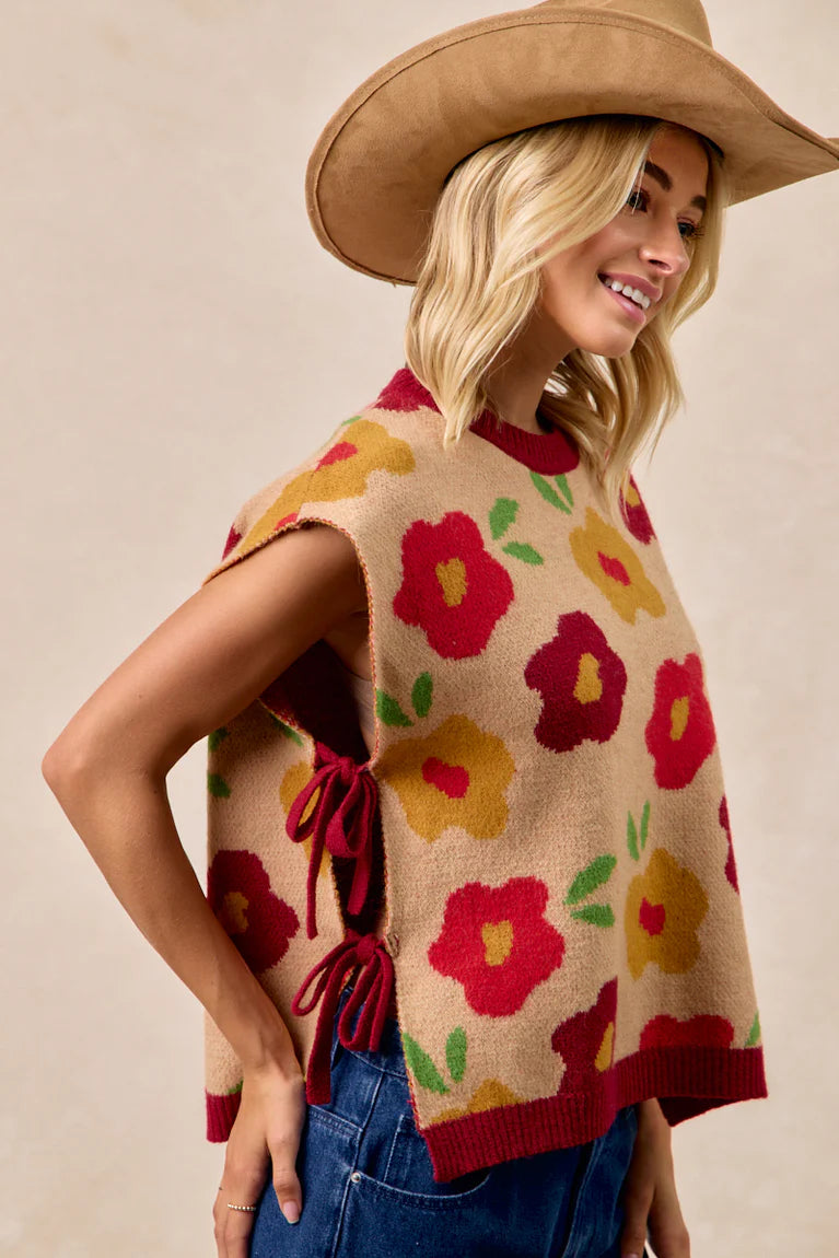 FLORAL PATTERN SIDE TIED SWEATER VES